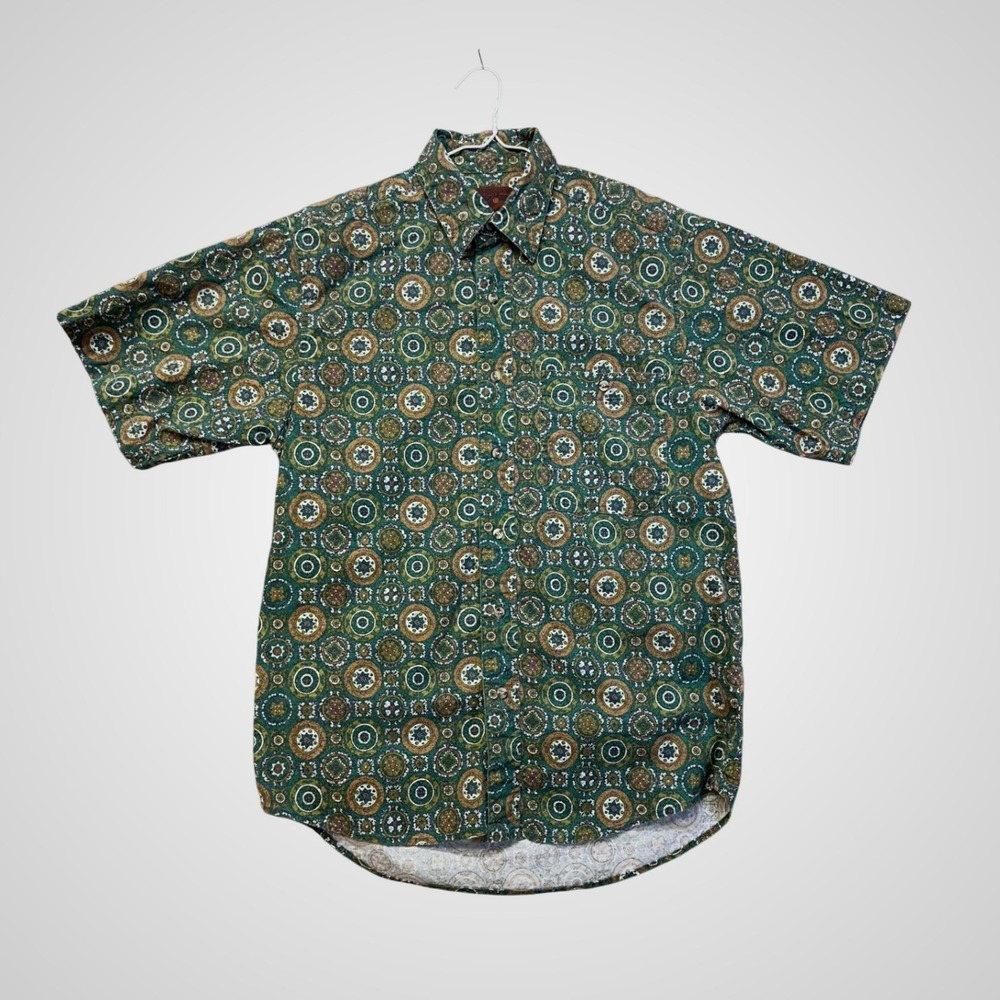 Wrangler Rugged Wear Shirt Mens Medium Green Medallion Print Short Sleeve